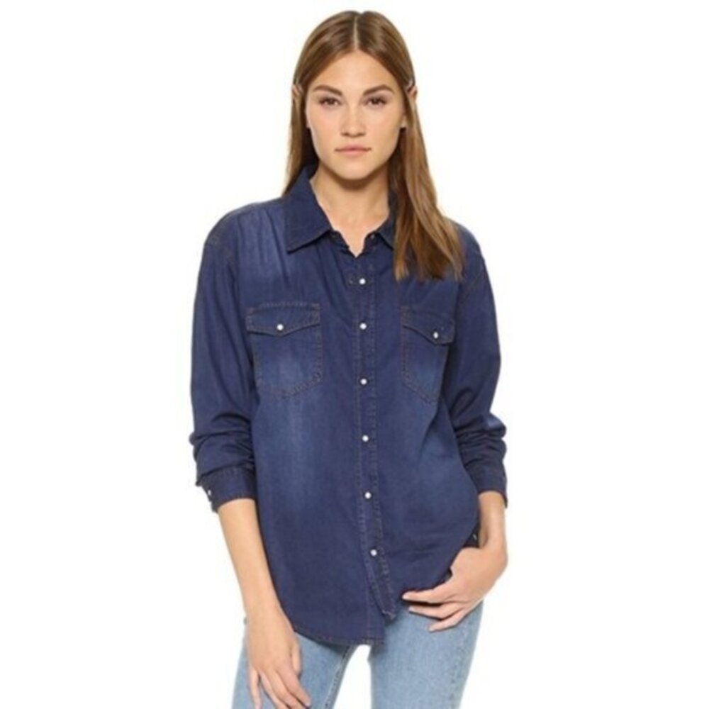 Free People OTS Denim Button Down Shirt XS Chambray Western Country Festival